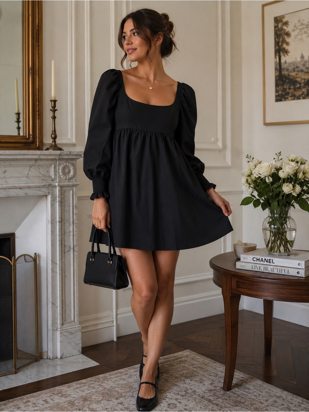 Pomander Place Black Puff Sleeve Babydoll Mini Dress Size M Coquette Romantic